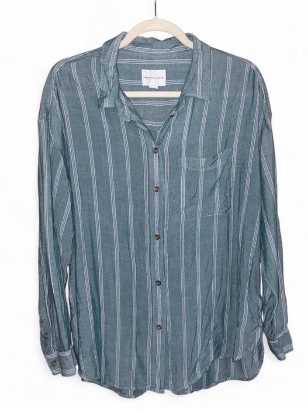 American Eagle Outfitters Blue Striped Long-Sleeve Boyfriend Button-Up Shirt L